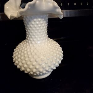 Vintage Fenton White Milk Glass Hobnail Vase Ruffled Crimped Edge  7 1/2